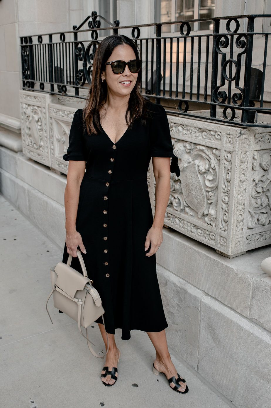 Classic Black Crepe Midi Dress with Button Front Classic Black Crepe Midi Dress with Button Front — Dresses for Women Over 40