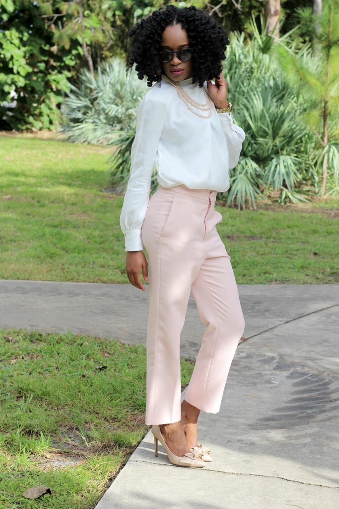 Sophisticated White Silk Blouse with Pale Pink Trousers — 30th Birthday Outfits