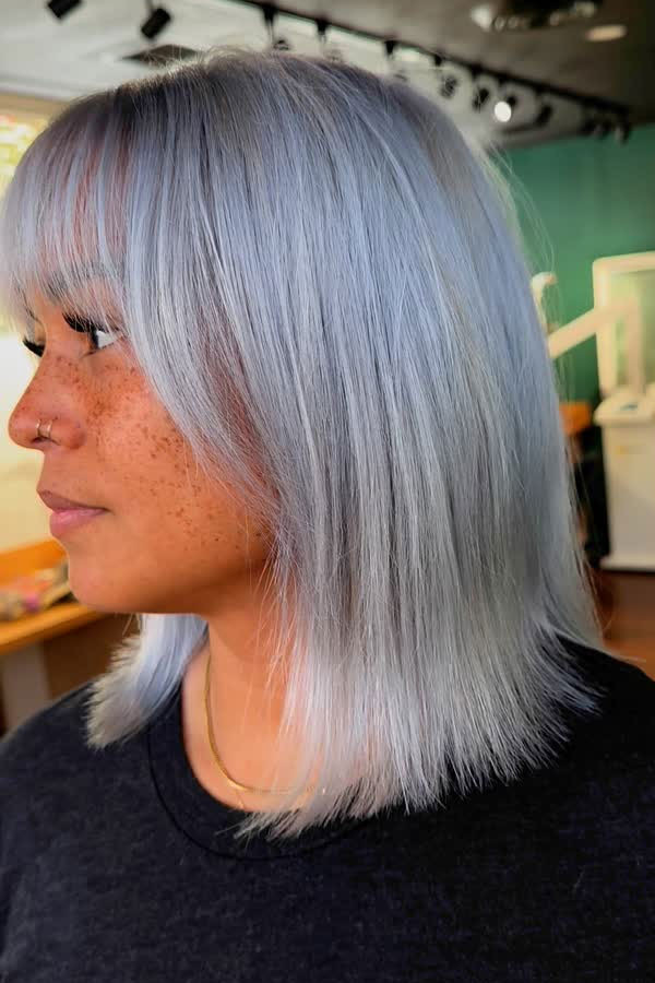 Silver Gray Lob With Full Bangs — Gray Hair with Bangs