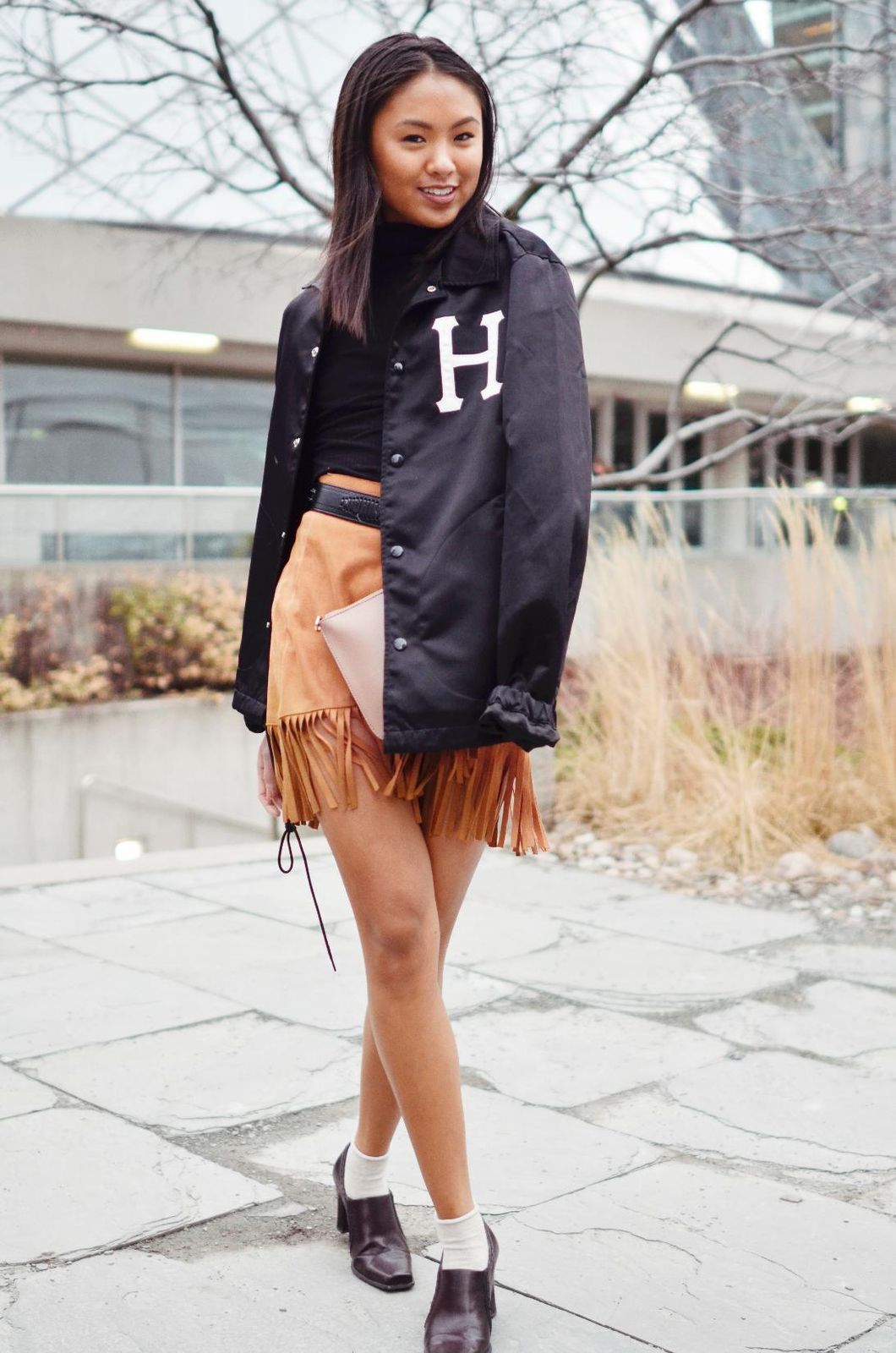Suede Mini Skirt with Oversized Bomber Jacket Suede Mini Skirt with Oversized Bomber Jacket — Toronto Outfits