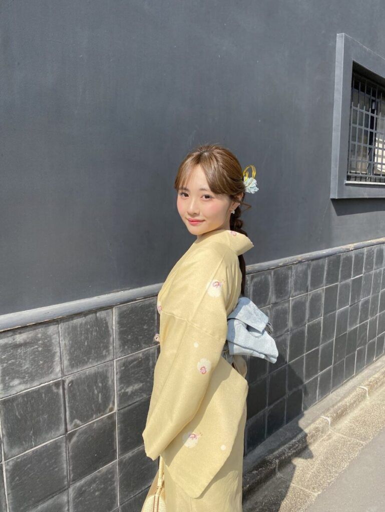 Pale Yellow Kimono with Light Blue Obi for Kyoto Exploration — Kyoto Outfits