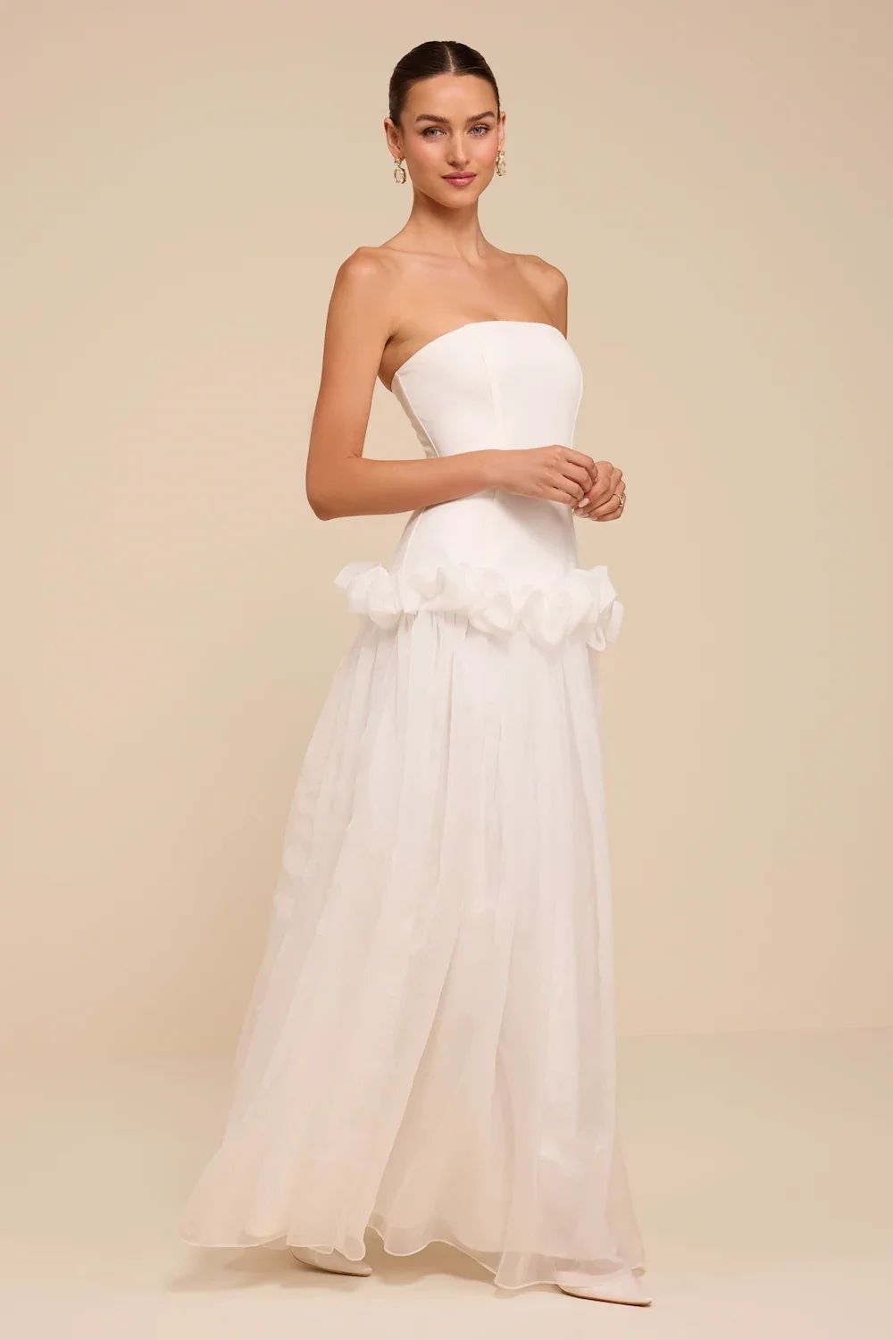 White Strapless Organza Dress with Ruffled Tier Skirt — Rehearsal Dinner Dresses
