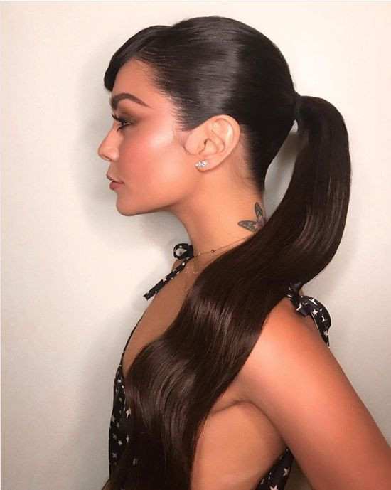 Mid-Back Sleek Dark Brown Straight Ponytail Mid-Back Sleek Dark Brown Straight Ponytail — Frontal Ponytail