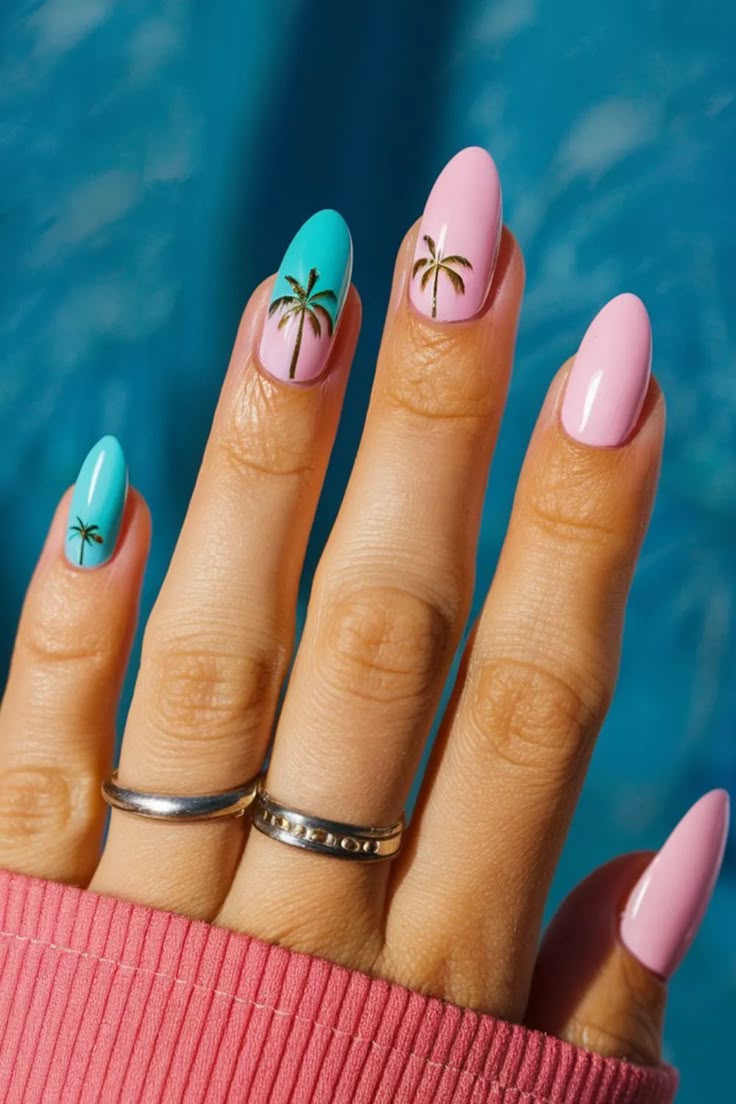 Pastel Pink and Turquoise with Gold Palm Trees — Girls Trip Nails