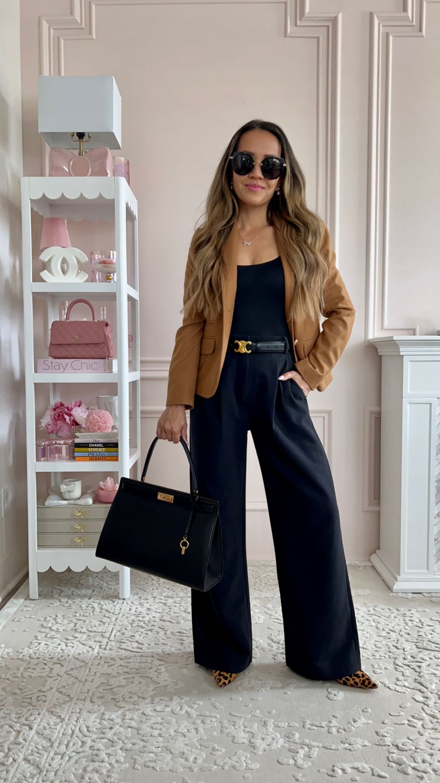 Camel Blazer with Wide-Leg Trousers and Leopard Print Heels Camel Blazer with Wide-Leg Trousers and Leopard Print Heels — Tory Burch Outfits
