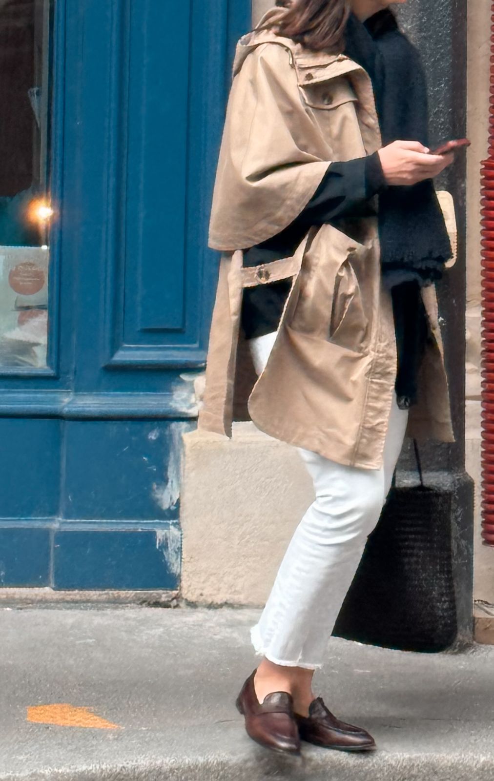 Cape Trench Coat and White Jeans with Brown Leather Loafers — Penny Loafers Outfits