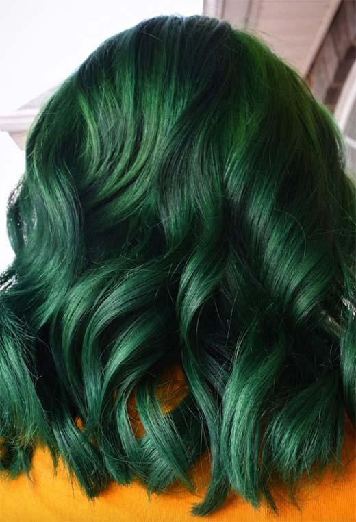 Collarbone Lob Deep Forest Green Curls — Forest Green Hair