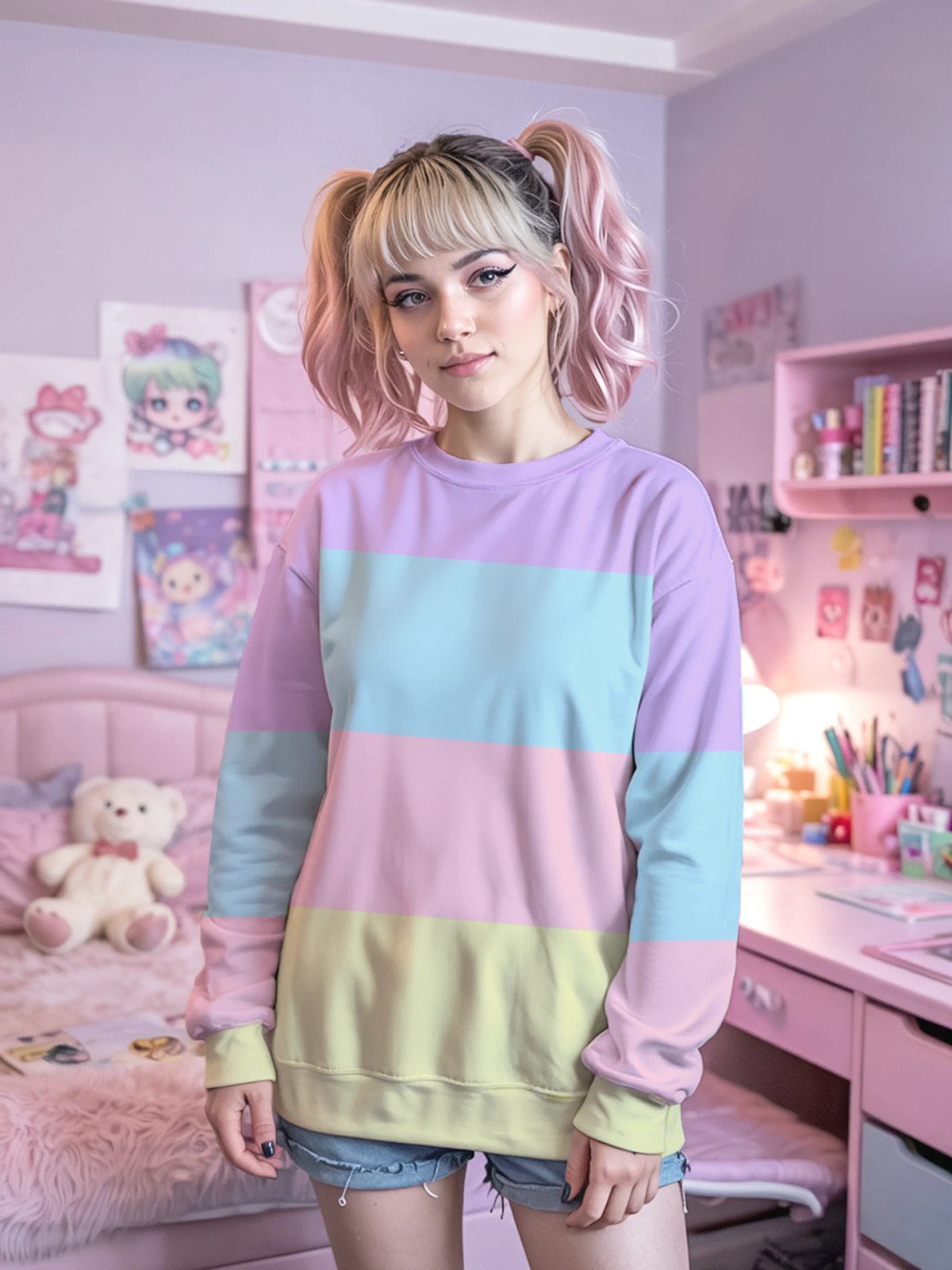 Oversized Pastel Stripes Meet Relaxed Denim Shorts — Kidcore Outfits