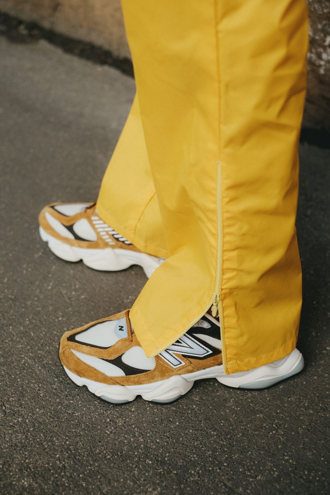 Yellow Track Pants and Tan/White/Brown 9060s Yellow Track Pants and Tan/White/Brown 9060s — New Balance 9060 Outfits