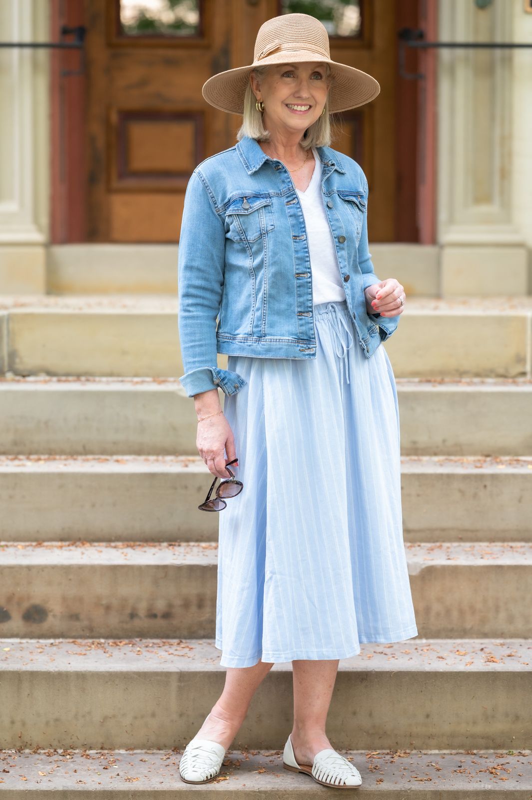 Classic Summer Casual: Striped Skirt with Denim Jacket — Grandma Outfits