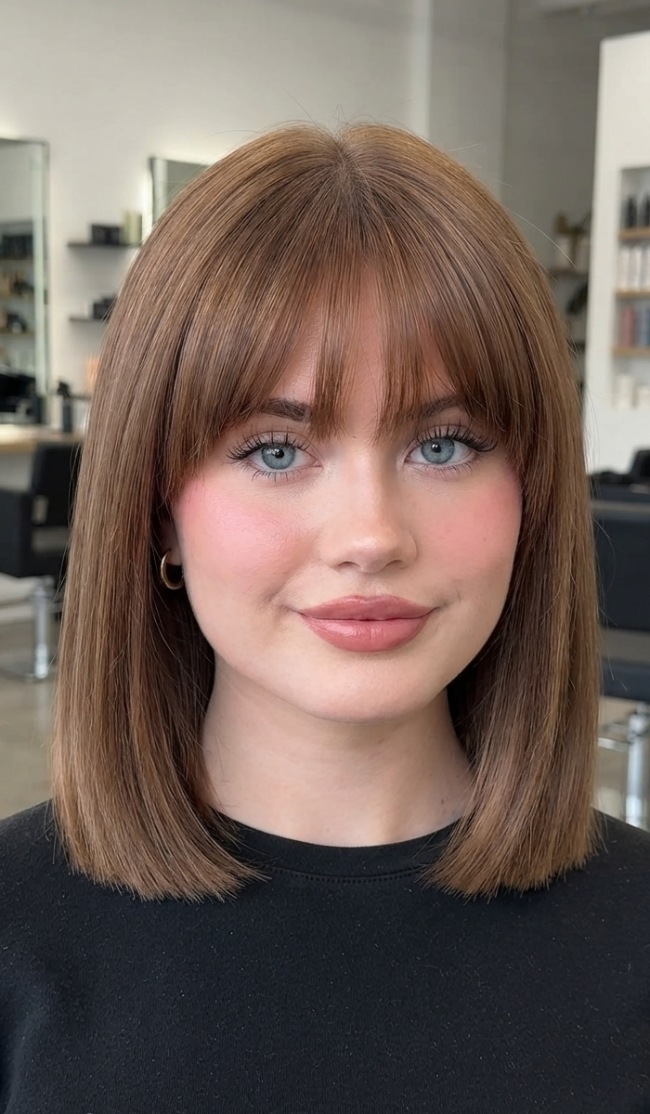 Minimalist Chic: Black Crew Neck and Blunt Bangs