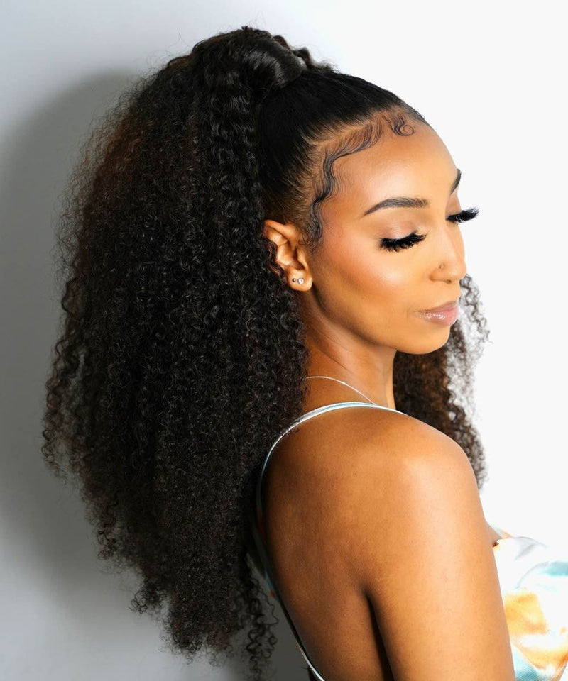 Mid-Back Natural Voluminous Black Ponytail — Curly Ponytail