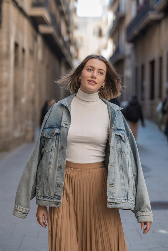Denim Jacket and Pleated Skirt for Casual Outings — Barcelona Outfits