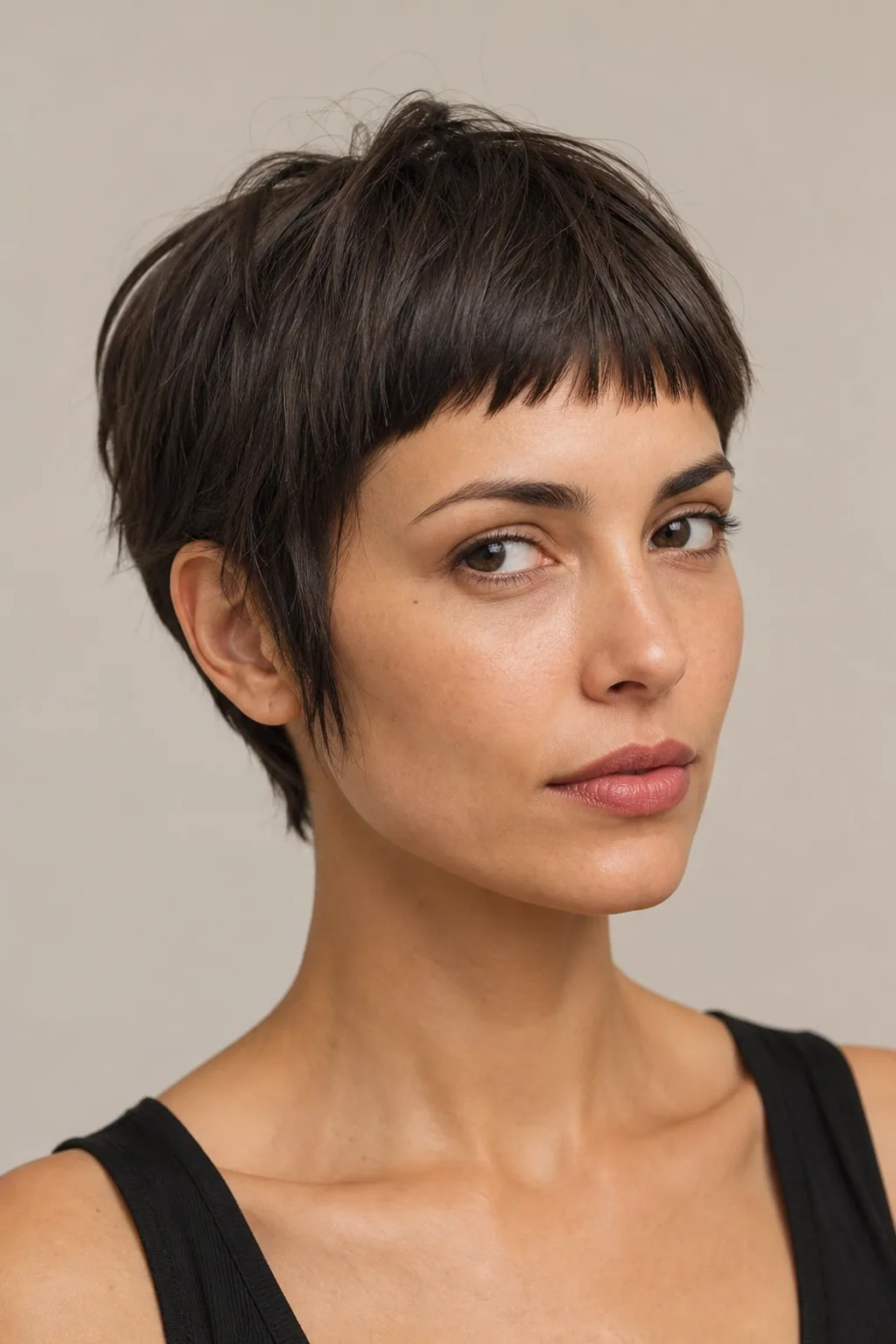 Dark Brown Pixie With Micro Bangs Dark Brown Pixie With Micro Bangs — Bangs for Thin Hair