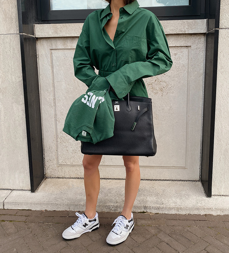 Green Oversized Shirt Dress with Draped Sweatshirt Green Oversized Shirt Dress with Draped Sweatshirt — New Balance 550 Outfits
