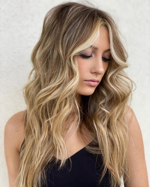 Mid-Back Dirty Blonde With Wispy Bangs & Blended Highlights — This Front View Shows Thick Mid-Back Dirty Blonde With Wispy Bangs & Blended Highlights — This Front View Shows Thick
