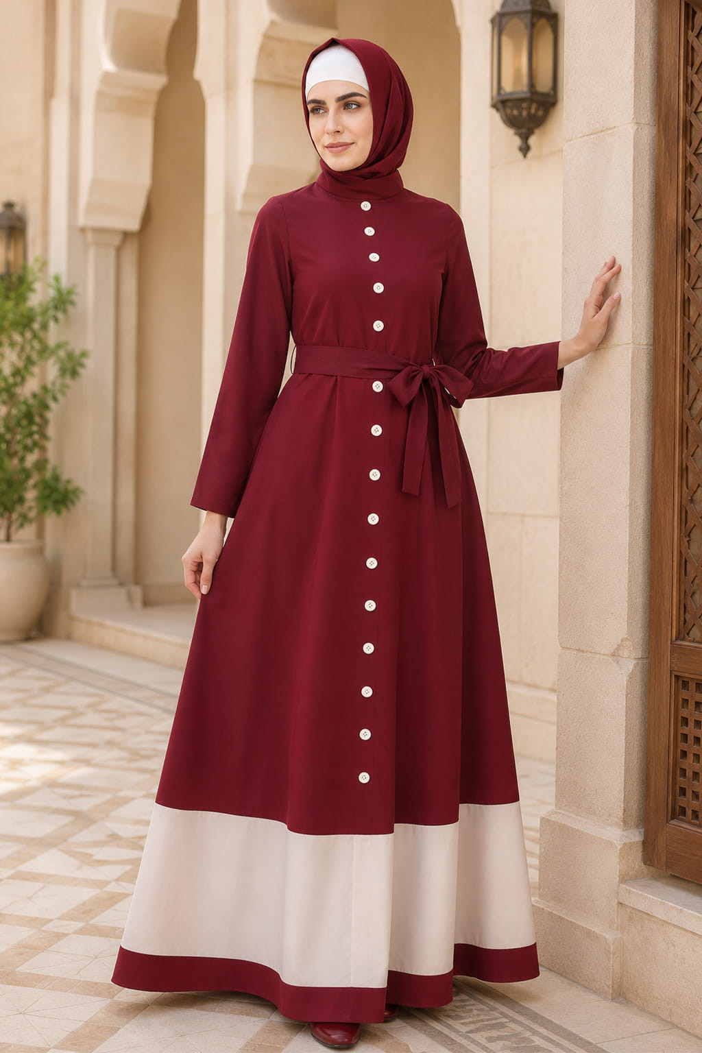 Maroon And Cream Button-Down Abaya With Belt — Formal Hijab Outfits