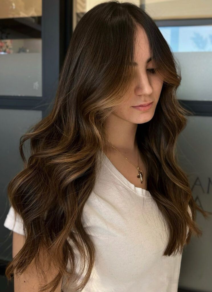 Dark Brown With Warm Caramel Balayage Visual Idea Dark Brown With Warm Caramel Balayage Visual Idea — Hair Color for Brown Eyes
