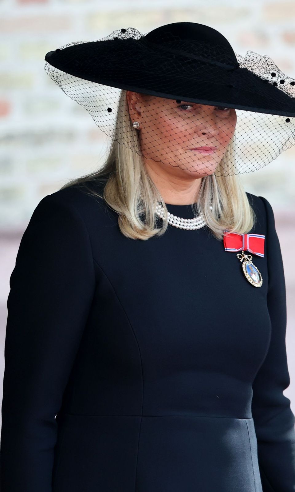Fitted Sheath Dress with Veiled Hat and Pearls — Funeral Dresses