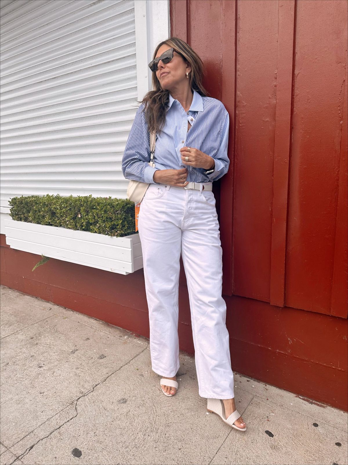 Casual Daytime Coastal Town Striped Button-Down and White Pants for Classic Coastal — Hamptons Outfits