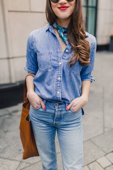 Oversized Denim Shirt with Leggings and Heels Oversized Denim Shirt with Leggings and Heels — Denim Shirt Outfits