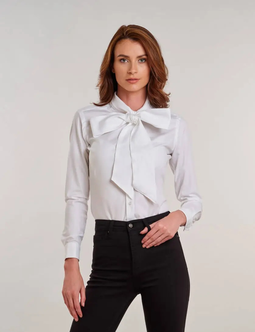 White Button-Up Shirt With Large Bow Tie Outfit Idea — Business Formal Outfits