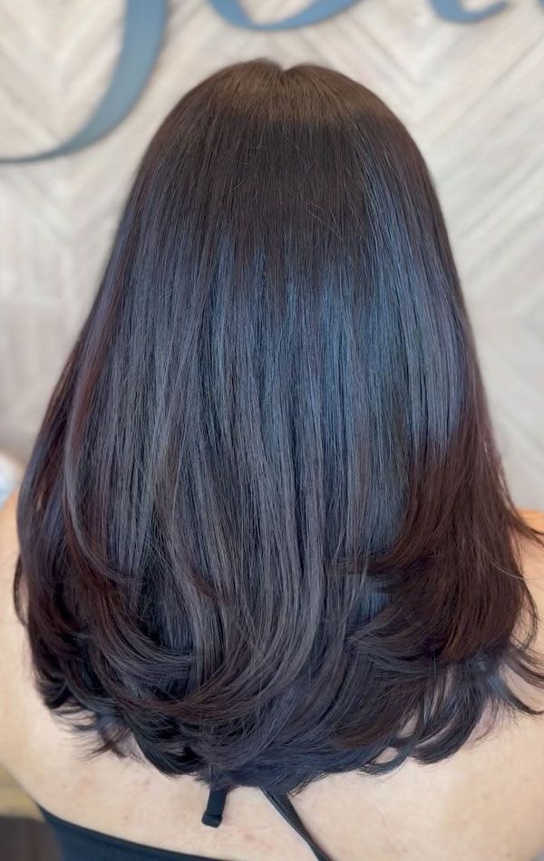 Dark Brown Mid-Back With Feathered Ends Dark Brown Mid-Back With Feathered Ends — Feathered Hair