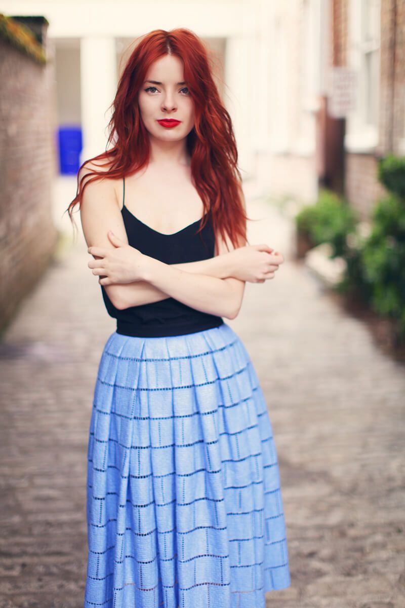 Black Top with Light Blue Pleated Midi Skirt — Charleston Outfits