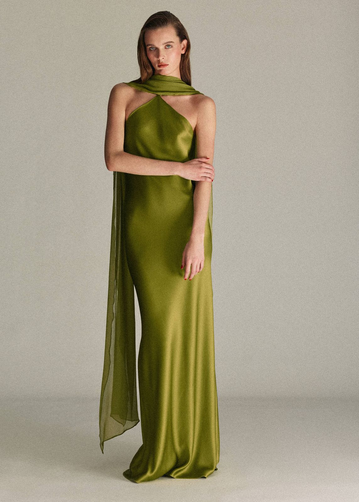 Elegant Satin Halter Dress with Draped Scarf — Halter Dresses