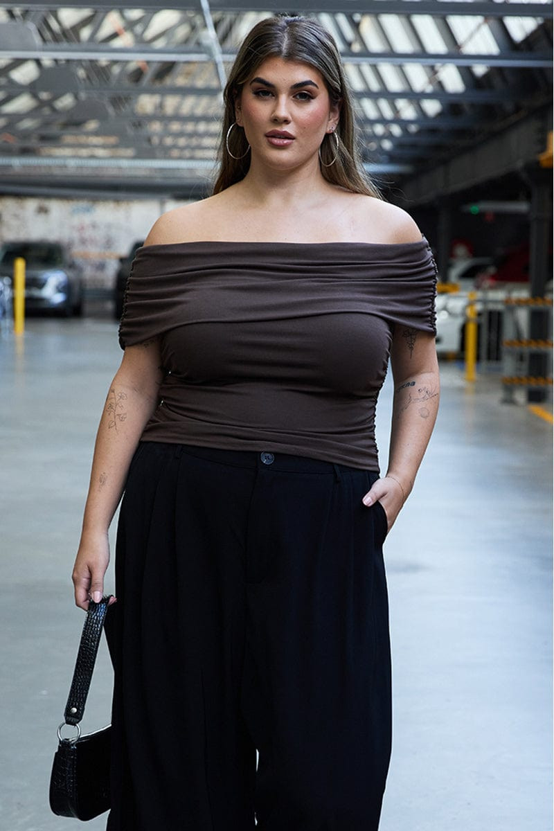 Brown Draped Off-the-Shoulder Top with Black Wide-Leg Trousers — Off the Shoulder Tops