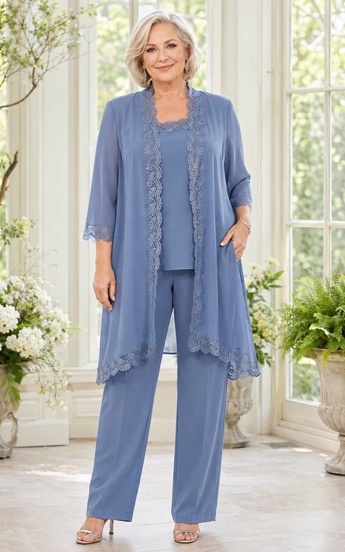 Elegant Blue Pantsuit with Lace-Trimmed Jacket — Grandmother of the Bride Outfits