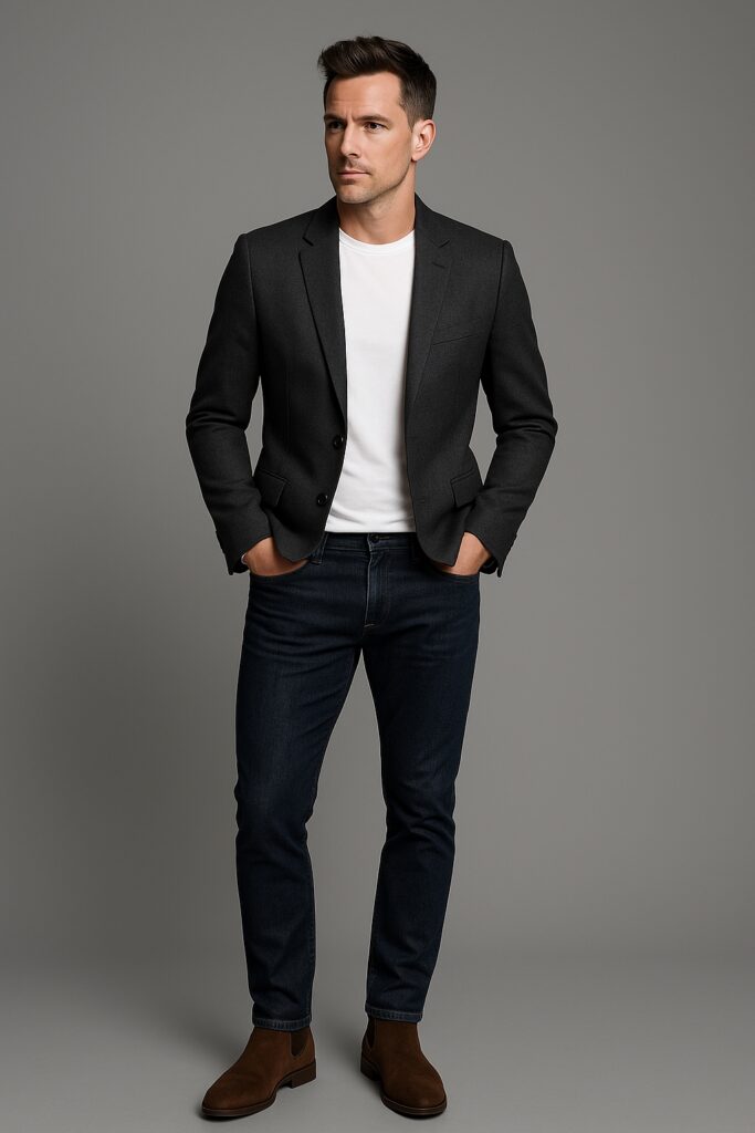 Charcoal Blazer with White T-Shirt and Slim Jeans Charcoal Blazer with White T-Shirt and Slim Jeans — Outfits for Men