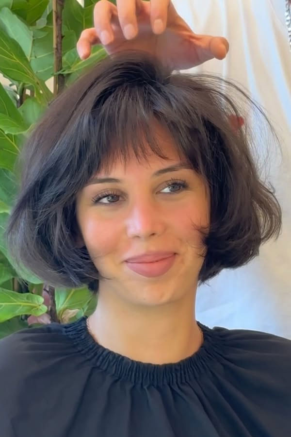 Casual Black Top with a Messy Bob and Baby Bangs Casual Black Top with a Messy Bob and Baby Bangs