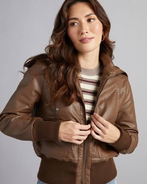 Leather Bomber Layered Over Striped Knit Leather Bomber Layered Over Striped Knit — Bomber Jackets