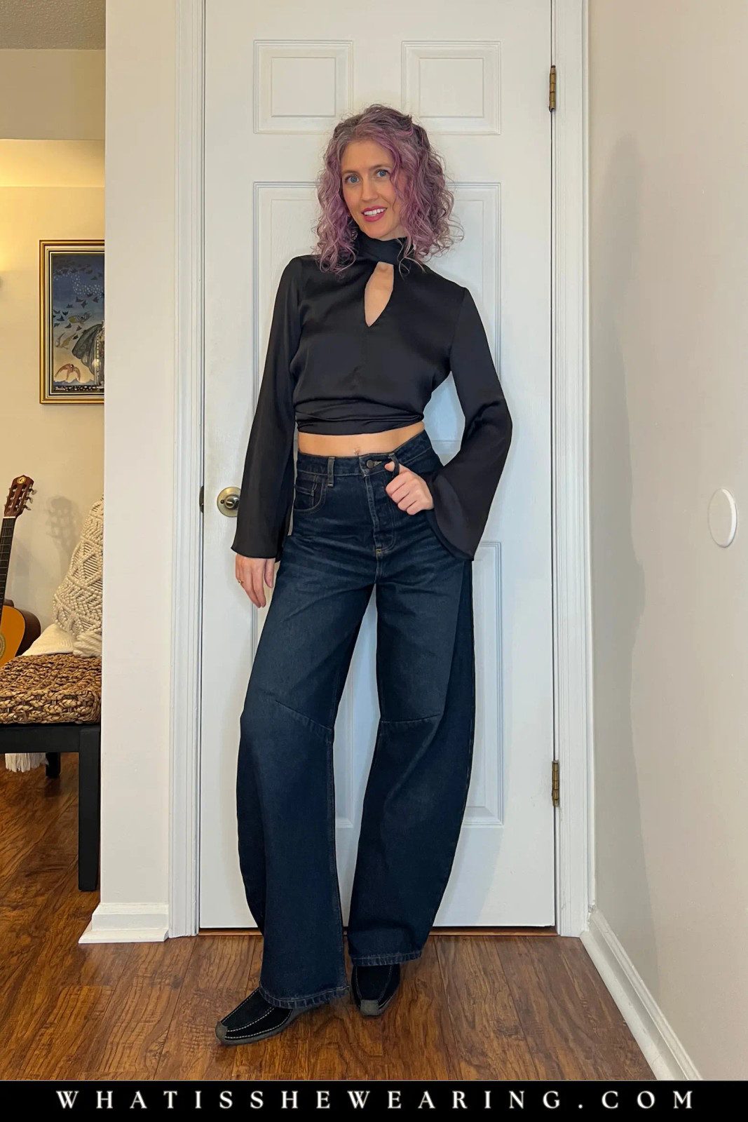 Satin Cutout Top and Wide-Leg Jeans: Edgy Evening Attire Satin Cutout Top and Wide-Leg Jeans: Edgy Evening Attire — Bar Crawl Outfits
