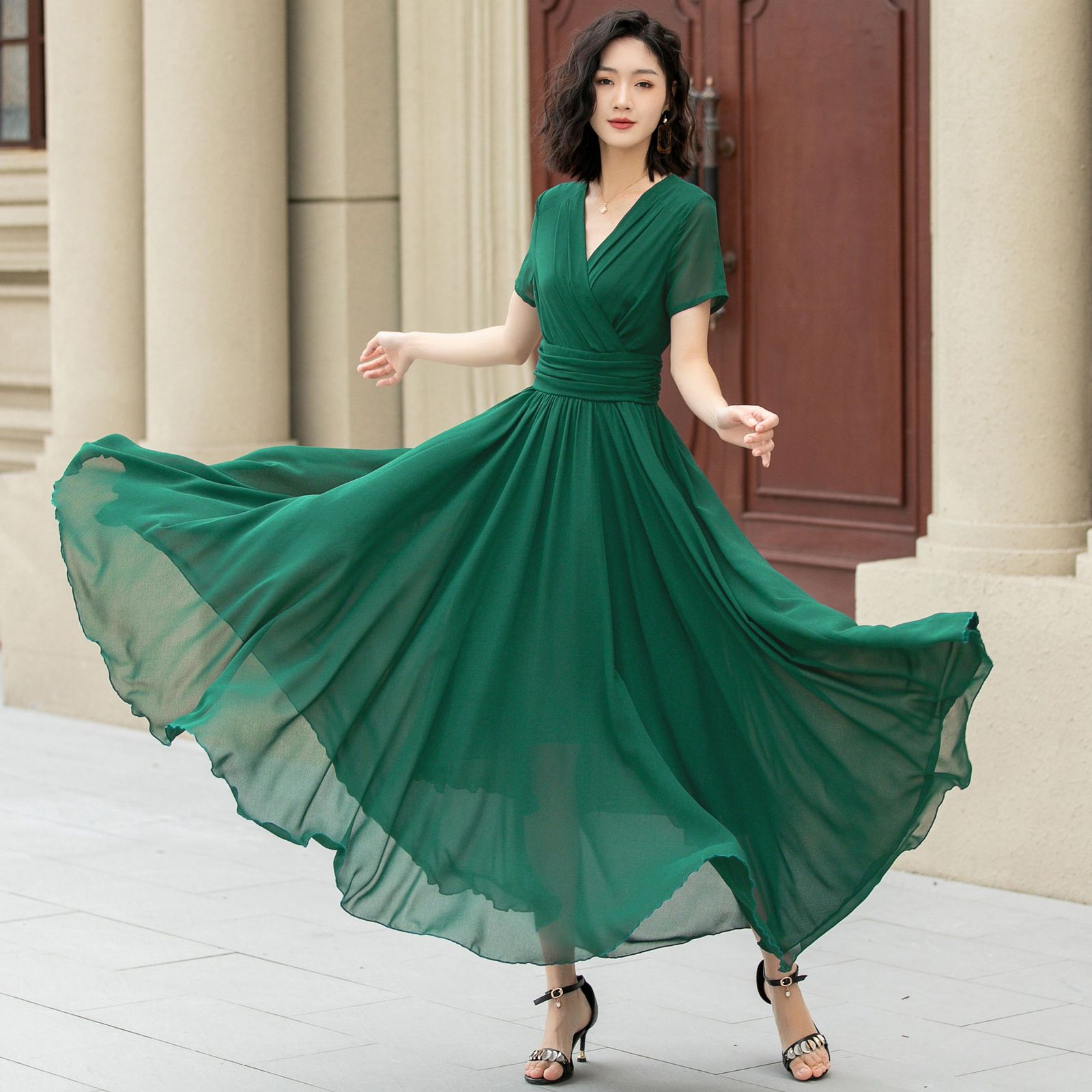 Deep Green Chiffon Maxi Dress with Empire Waist — Chiffon Dresses
