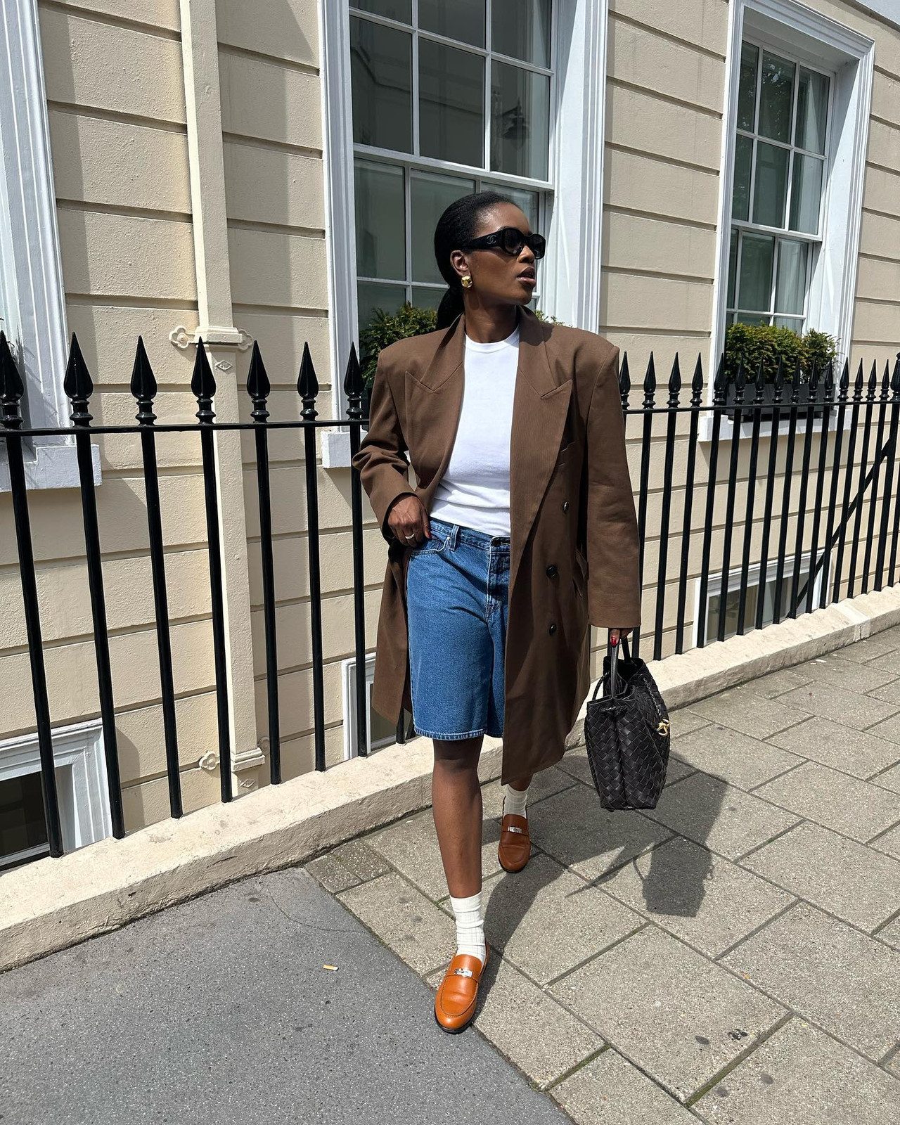 Classic Cool: Tan Loafers with White Socks and Denim Shorts Classic Cool: Tan Loafers with White Socks and Denim Shorts — Socks with Loafers Outfits