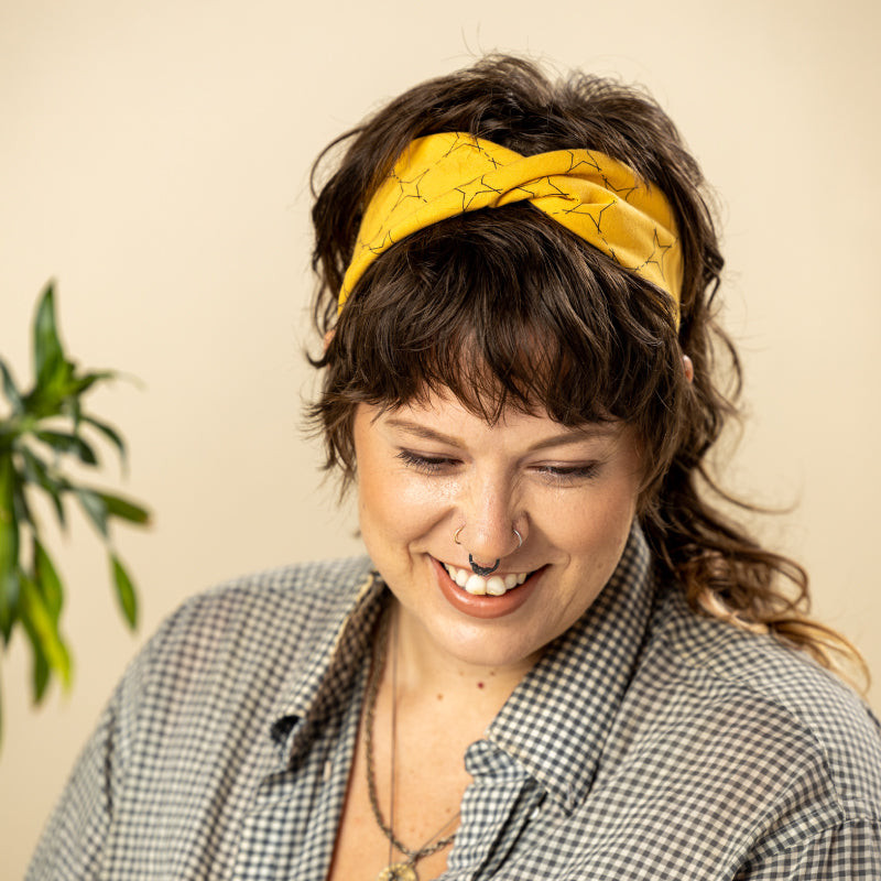Yellow Twisted Bandana Headband with Gingham Shirt — Bandana Outfits