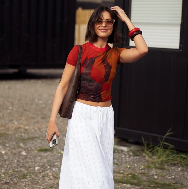 Abstract Print Top with Wide-Leg Pinstripe Pants — Outfits for Long Torso