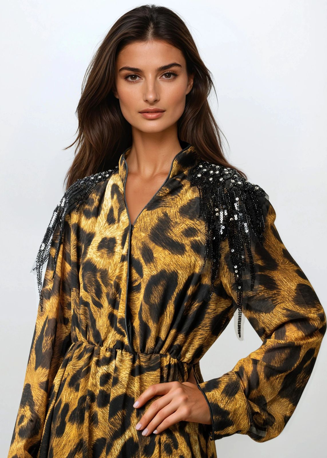Party Evening Statement Leopard Maxi Dress with Sequin Fringe — Leopard Print Dresses