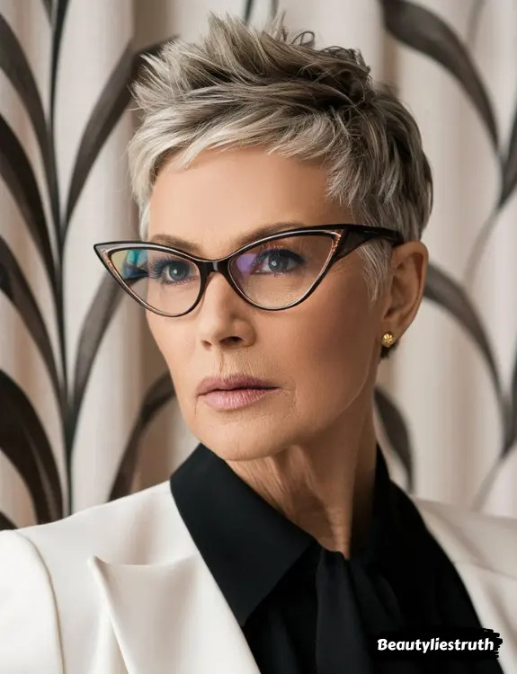 Voluminous Grey Pixie With Lifted Pieces Voluminous Grey Pixie With Lifted Pieces — Pixie with Glasses