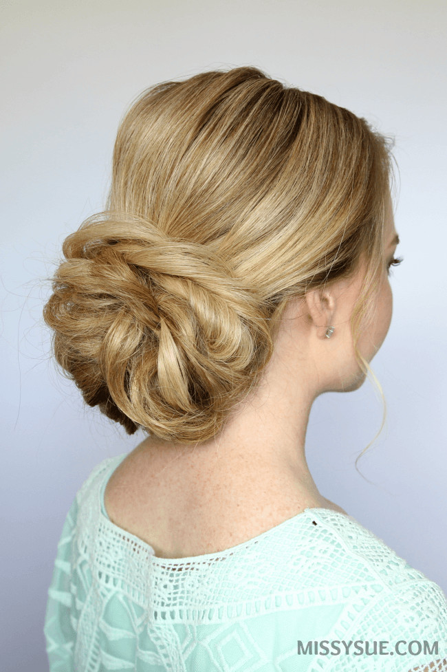 Blonde Textured Twisted Bun — Low Bun with Bangs