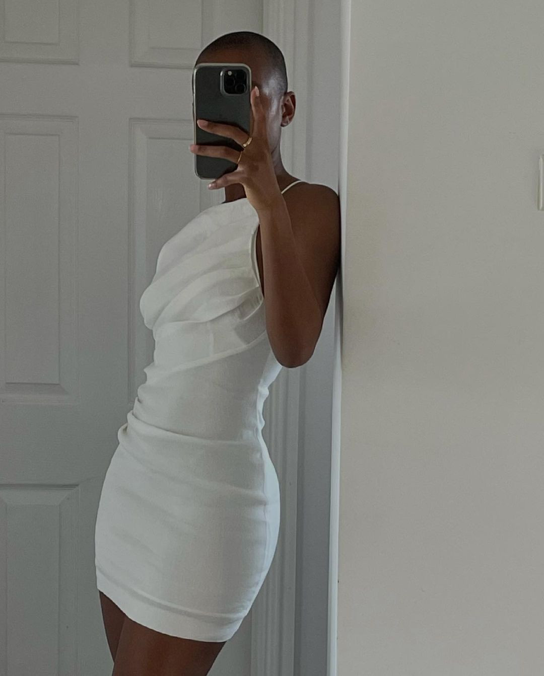 Textured White Mini Dress with Draped Neckline — All White Party Outfits