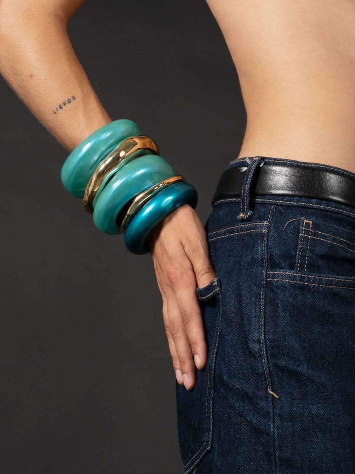 Chunky Teal and Gold Bangles with Denim — Bangle Stacks