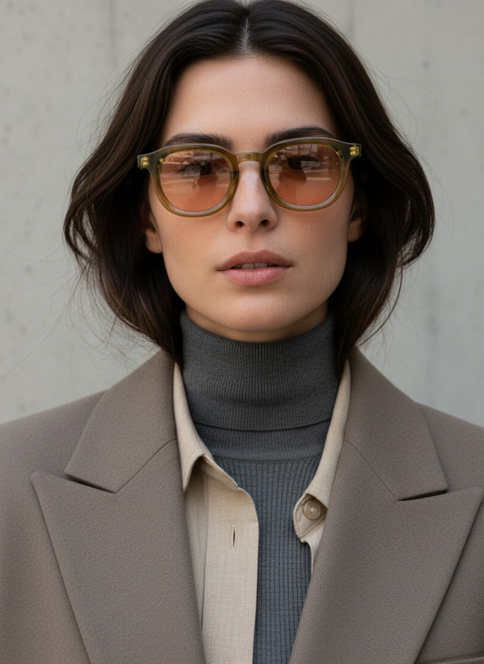 Round Sunglasses with Orange Lenses and Taupe Blazer — Sunglasses for Round Face