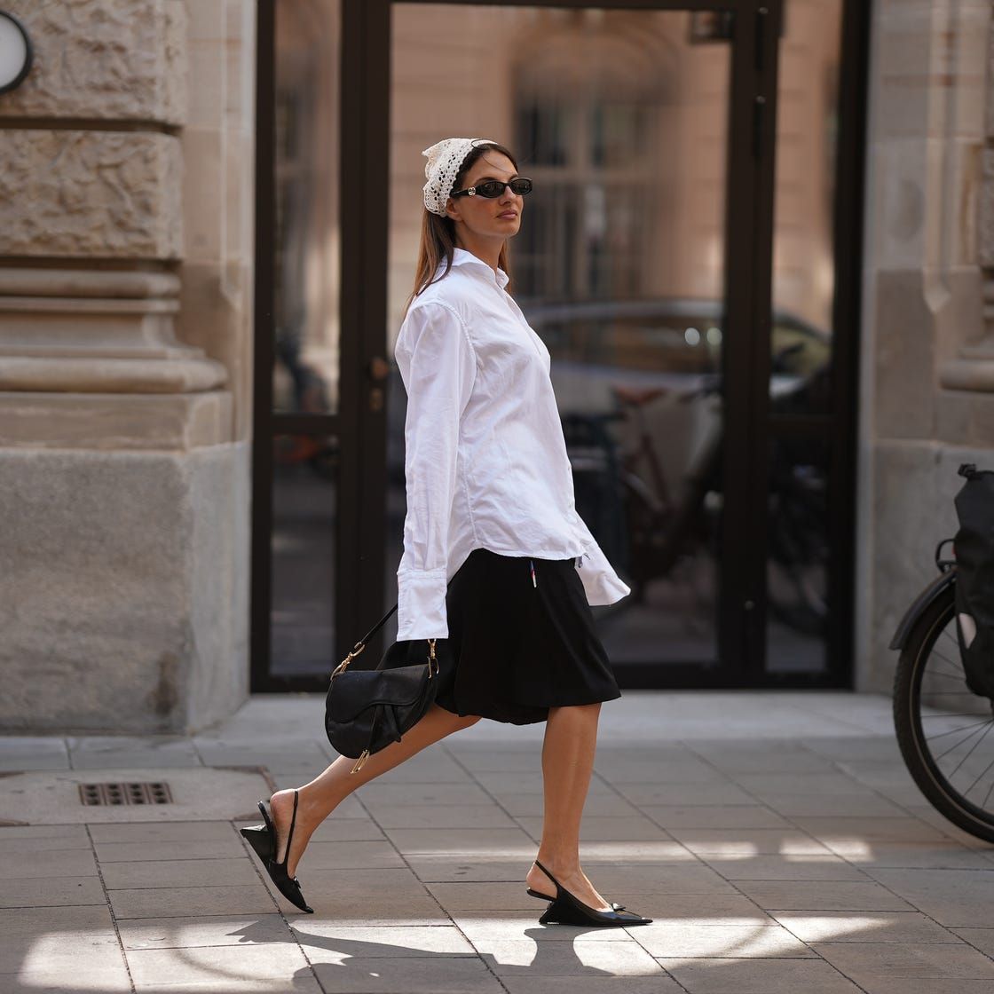 Oversized Shirt and A-Line Skirt with Black Slingback Flats for Minimalist Style — Slingback Heels Outfits