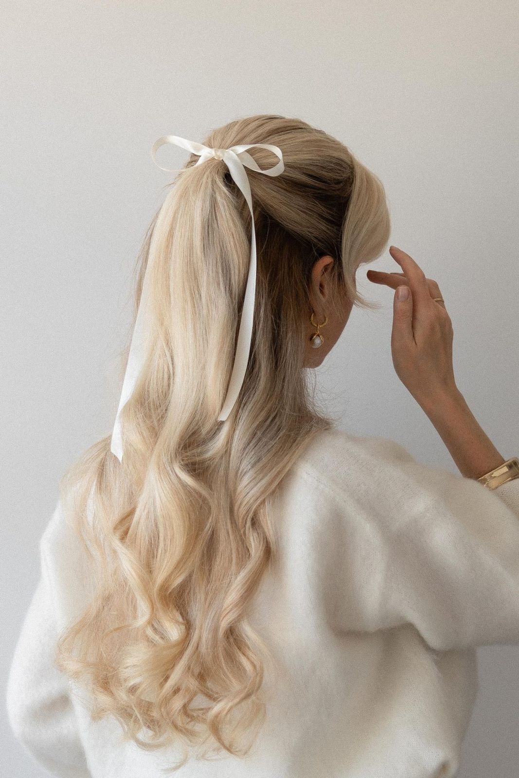 High Ash Blonde Ponytail with Ribbon Detail — Ponytail with Bangs