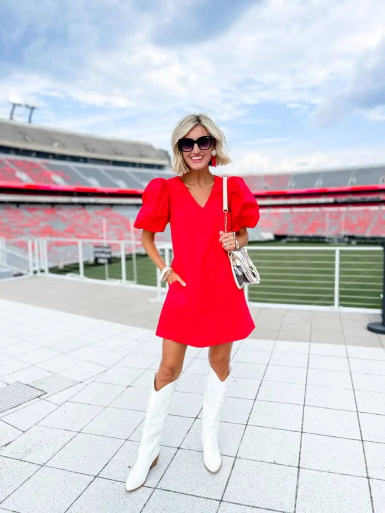 Bold Dress: Red Puff-Sleeve with Cowboy Boots Bold Dress: Red Puff-Sleeve with Cowboy Boots — Soccer Game Outfits