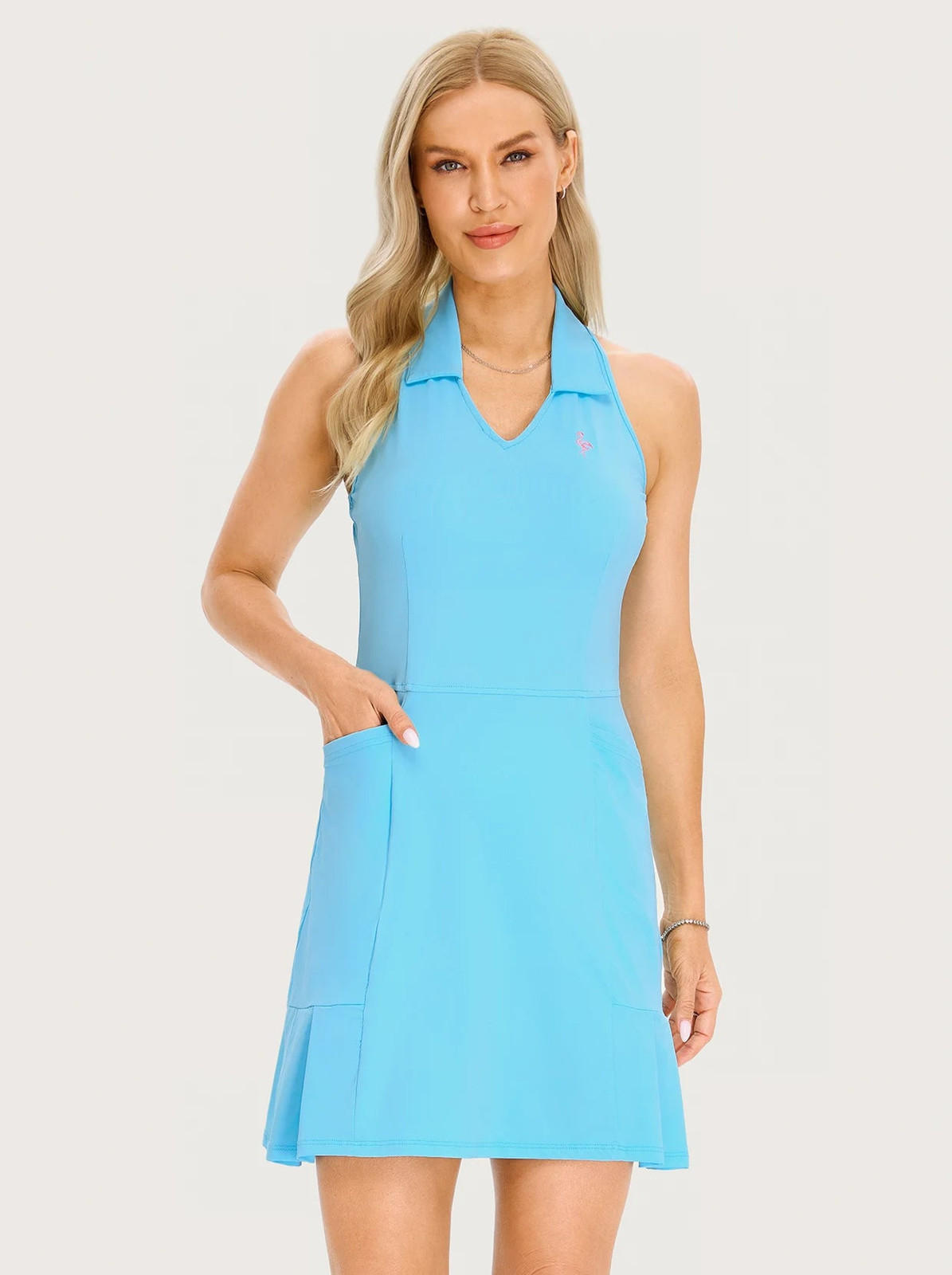 Sky Blue Halter Neck Golf Dress with Pleated Skirt Sky Blue Halter Neck Golf Dress with Pleated Skirt — Golf Dresses