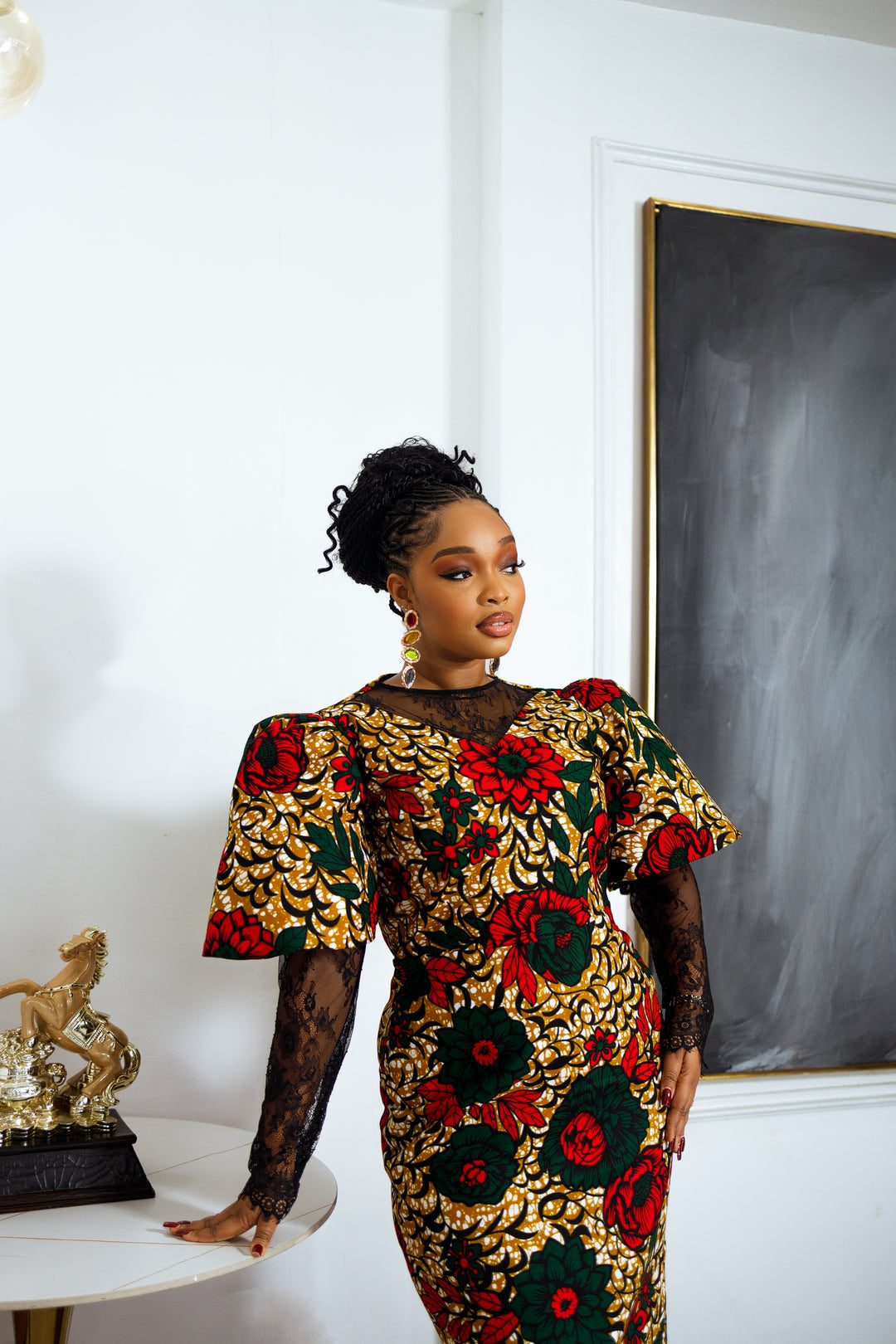 Midi Dress with Lace Sleeves and African Print Skirt — African Print Dresses